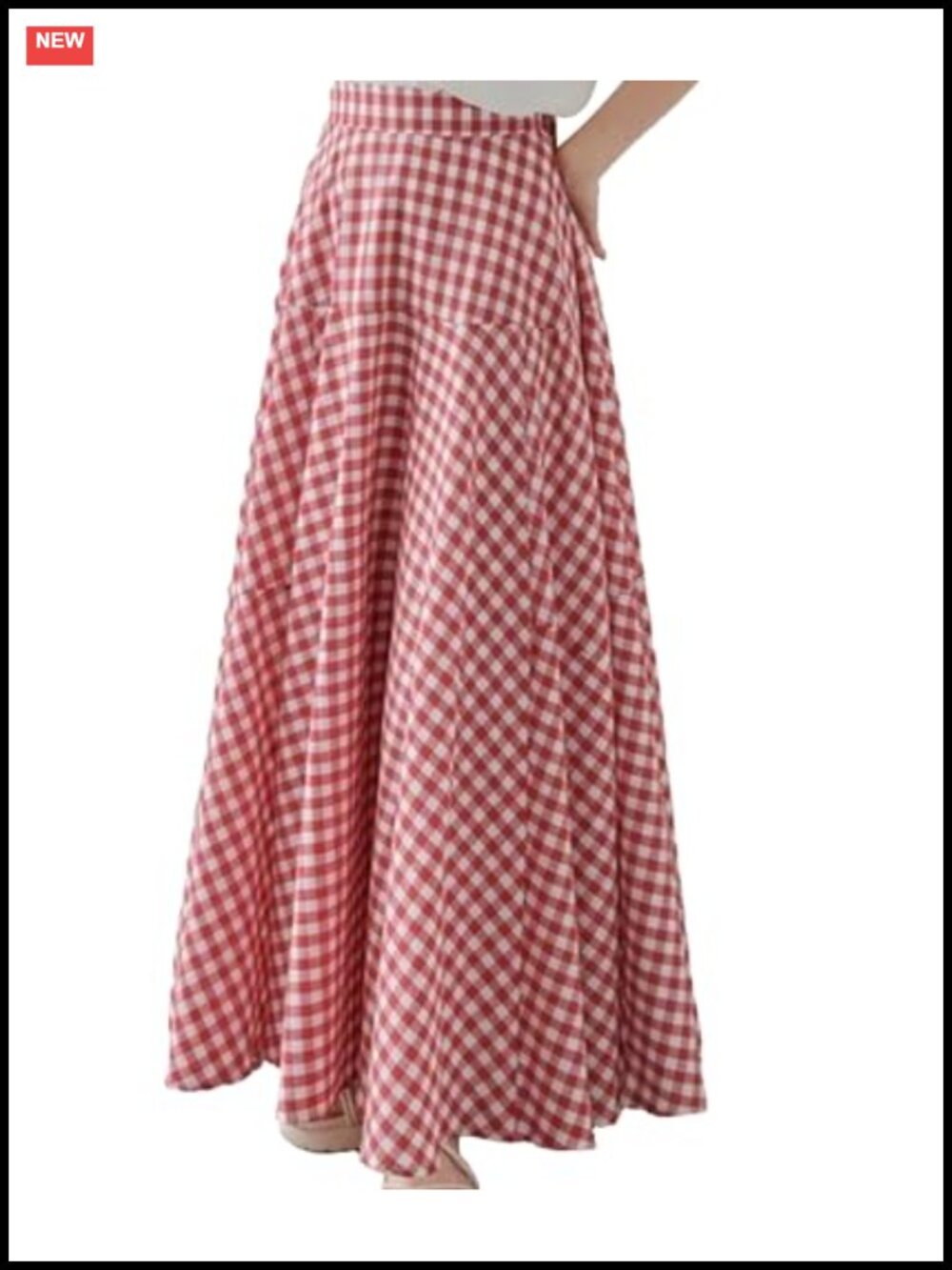 SOMTHRON Plaid Maxi Skirt A Line Pleated Flared Elastic High Waisted Gingham